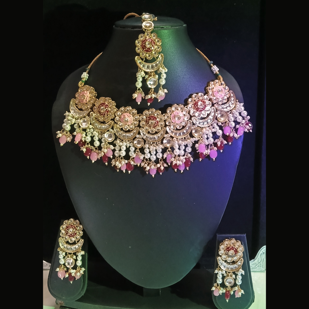 elegant floral kundan choker set with pastel pink & maroon accents and maang tikka elegant floral kundan choker set with pastel pink & maroon accents and maang tikka