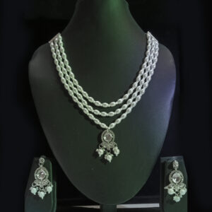 elegant oxidized silver plated triple layer pearl necklace set with matching drop earrings