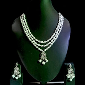 silver toned multi layer pearl drop necklace set with matching earrings