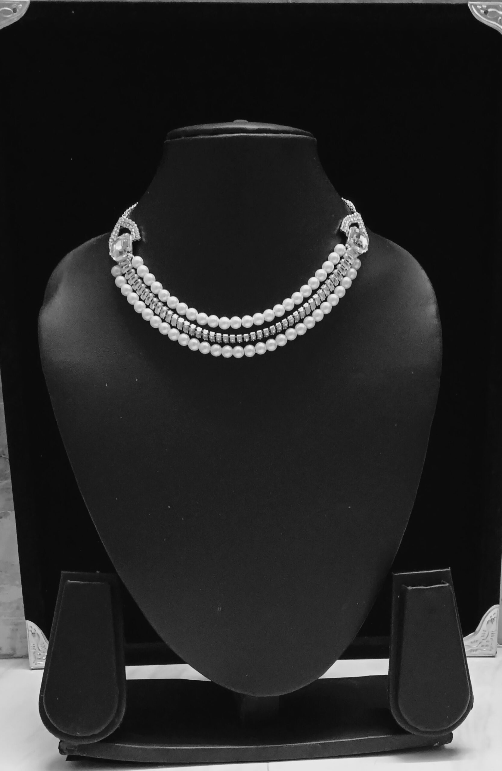 layered pearl & crystal silver toned necklace set with geometric earrings layered pearl & crystal silver toned necklace set with geometric earrings