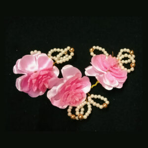 Elegant Pink Satin Rose Hair Vine with Pearls and Gold Accents