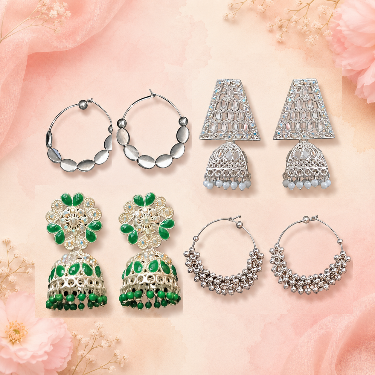 celebrate ethnic charm with this beautifully curated 4 pair oxidized silver earring combo. celebrate ethnic charm with this beautifully curated 4 pair oxidized silver earring combo.