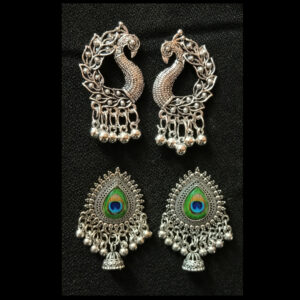 majestic peacock motif oxidised silver earring combo set (pack of 2 pairs)
