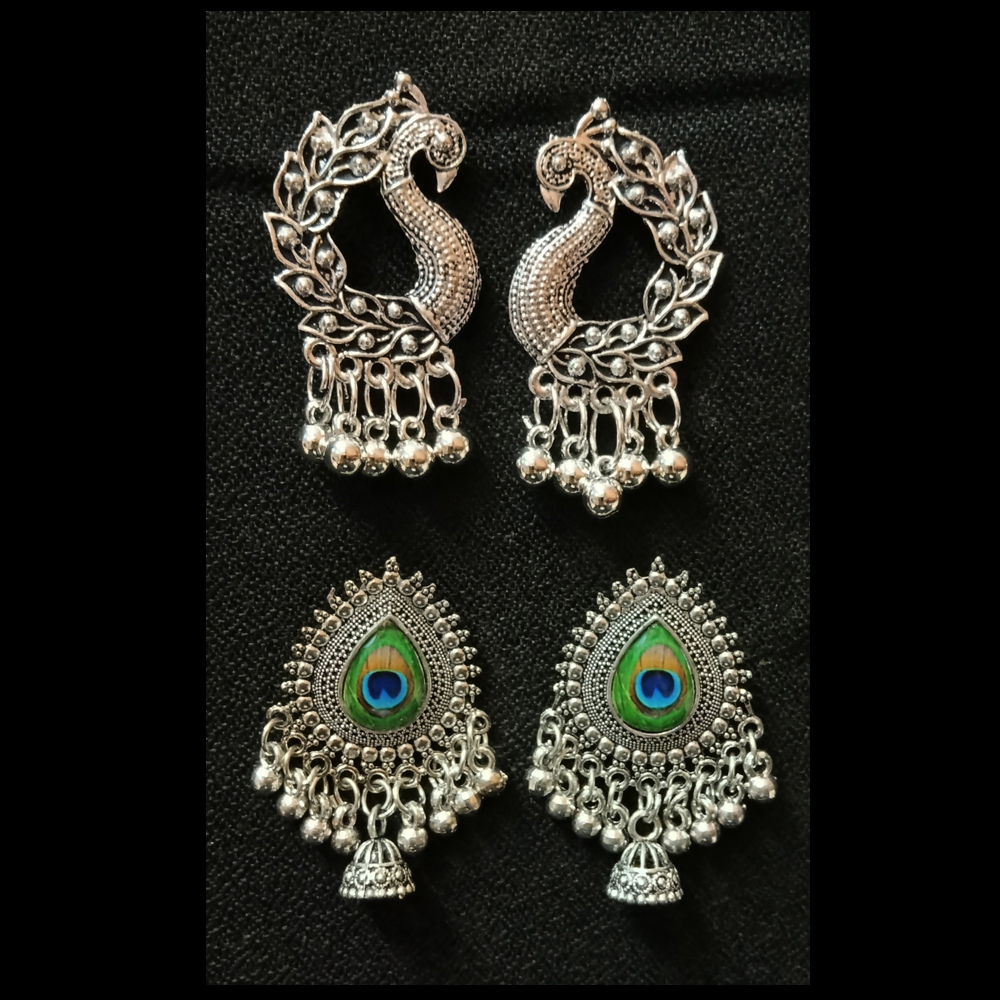 majestic peacock motif oxidised silver earring combo set (pack of 2 pairs) majestic peacock motif oxidised silver earring combo set (pack of 2 pairs)