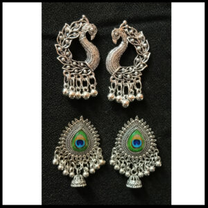 majestic peacock motif oxidized silver earring combo set (pack of 2 pairs)