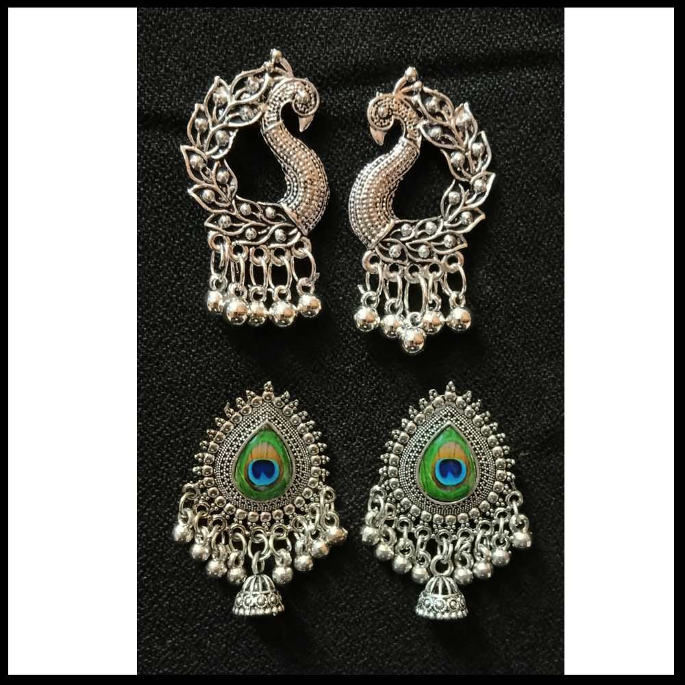 majestic peacock motif oxidized silver earring combo set (pack of 2 pairs) majestic peacock motif oxidized silver earring combo set (pack of 2 pairs)