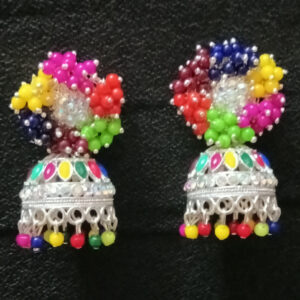 vibrant multi color bead cluster silver tone jhumka earrings