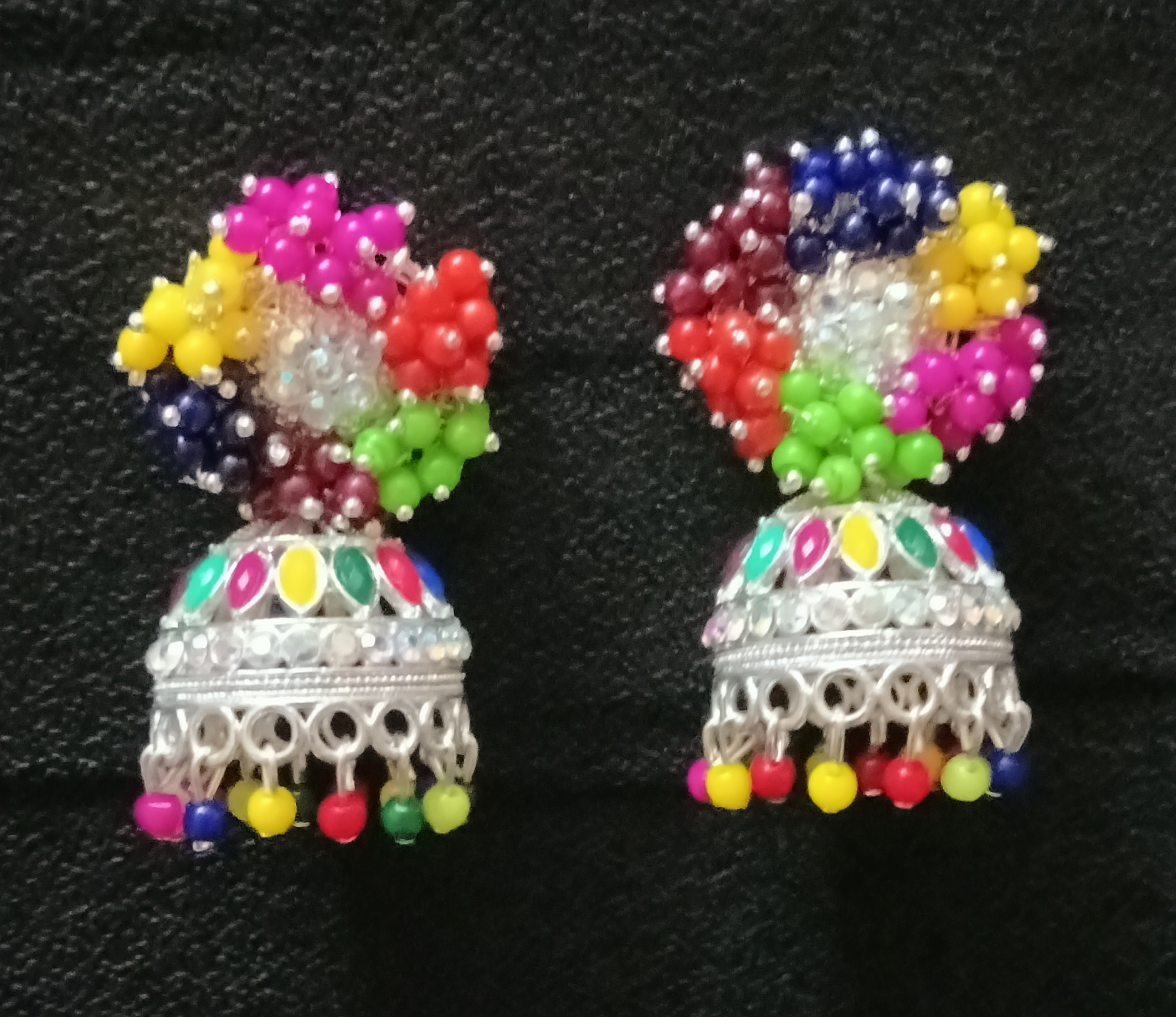 vibrant multi color bead cluster silver tone jhumka earrings vibrant multi color bead cluster silver tone jhumka earrings