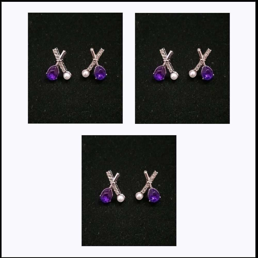 Elegant Purple Crystal and Pearl Crossed Stud Earrings (Pack of 3 Identical Pairs)