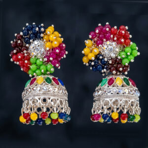 vibrant multi color bead cluster silver tone jhumka earrings