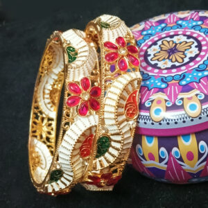 New Arrival traditional meenakari metal kada bangle with floral design – white & multicolour