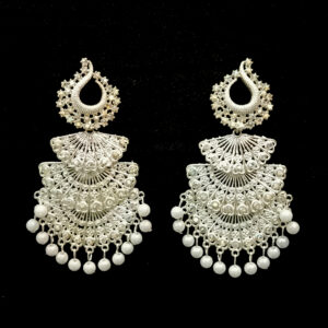 women's antique silver finish layered chandbali dangler earrings with pearl beads