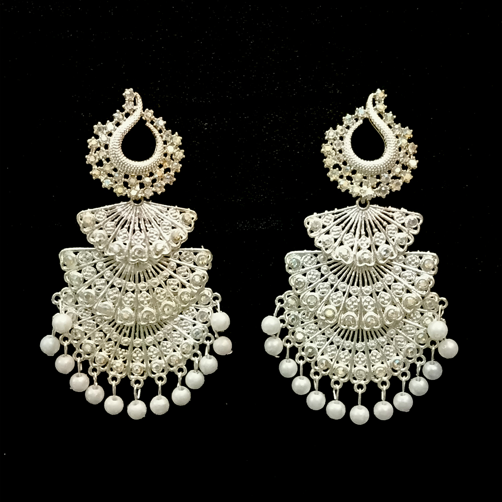 women's antique silver finish layered chandbali dangler earrings with pearl beads women's antique silver finish layered chandbali dangler earrings with pearl beads