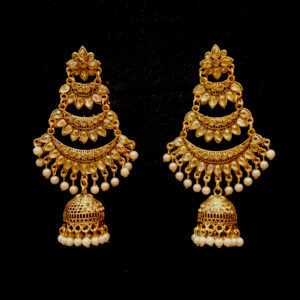 traditional gold tone layered jhumka chandelier earrings with pearl drops