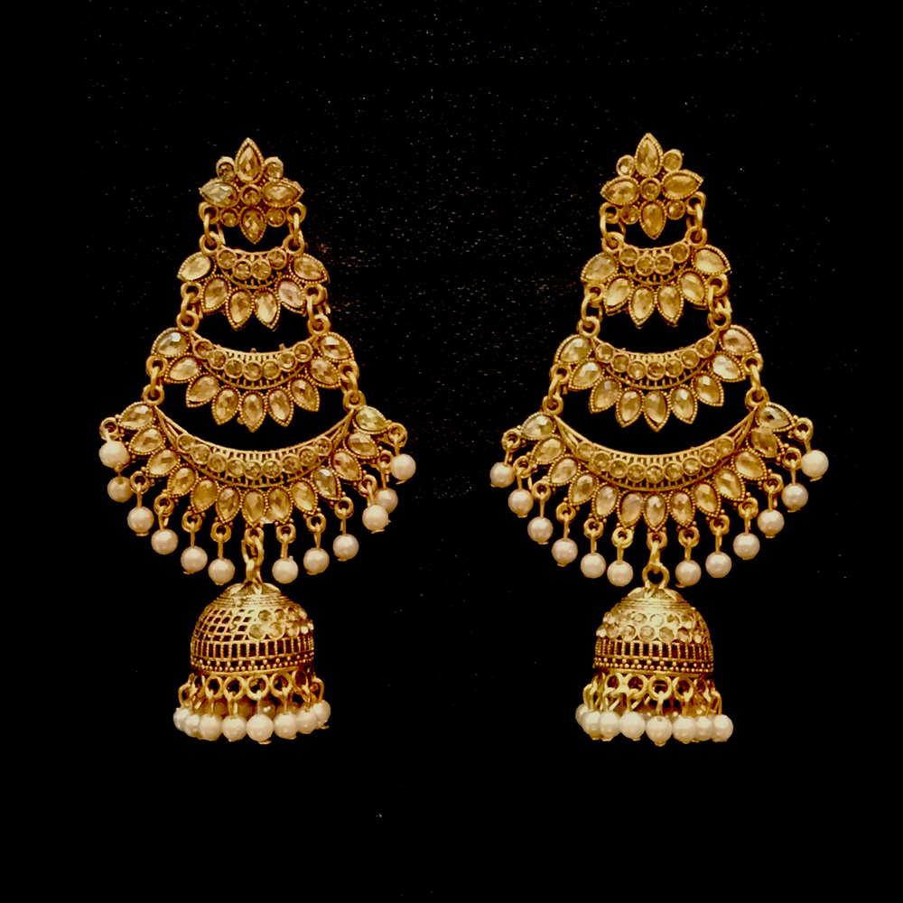 traditional gold tone layered jhumka chandelier earrings with pearl drops traditional gold tone layered jhumka chandelier earrings with pearl drops