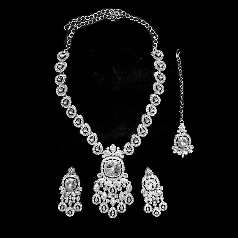 traditional silver tone necklace set with earrings & maang tikka – imitation jewellery traditional silver tone necklace set with earrings & maang tikka – imitation jewellery