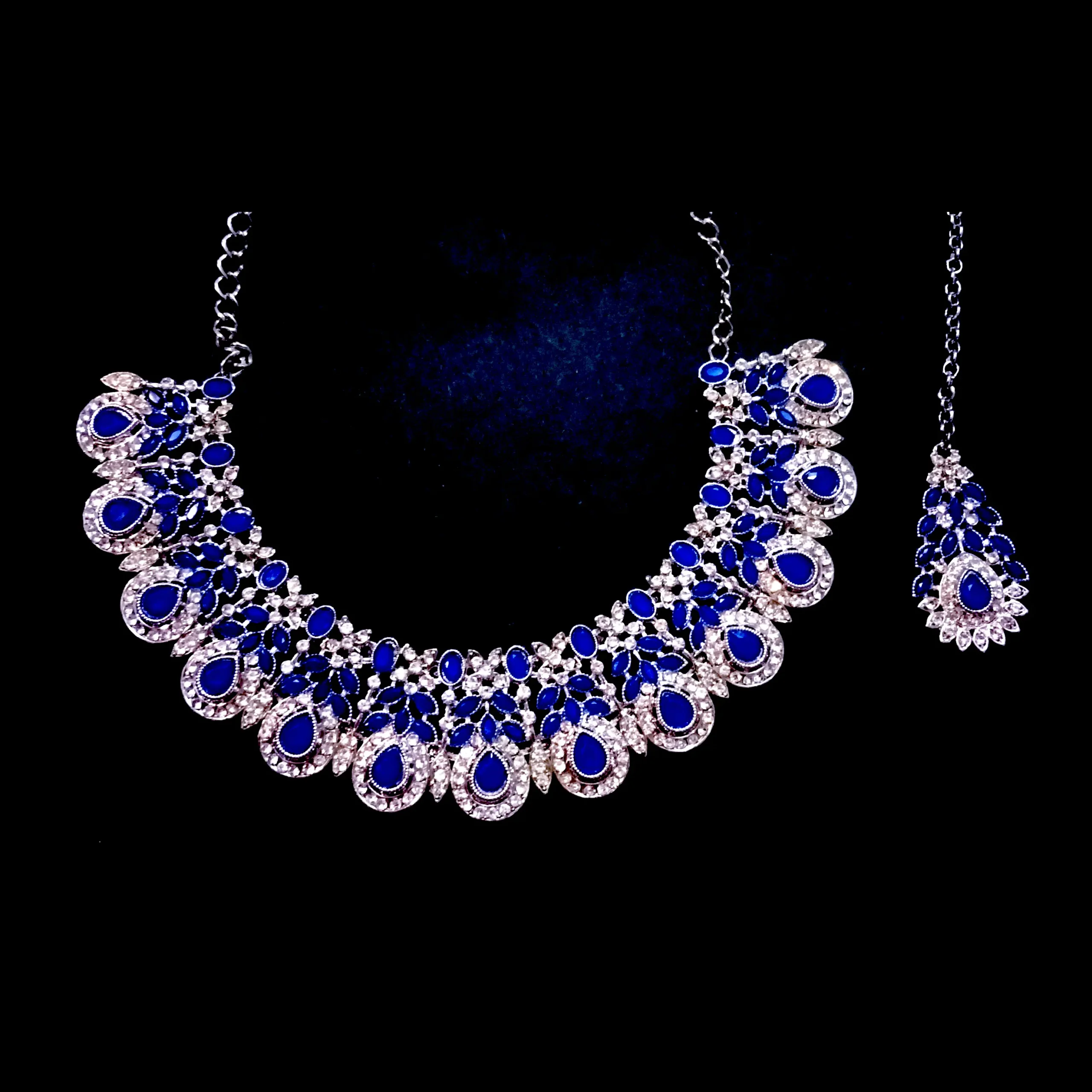 blue & silver tone necklace set with earrings & maang tikka – artificial jewellery blue & silver tone necklace set with earrings & maang tikka – artificial jewellery