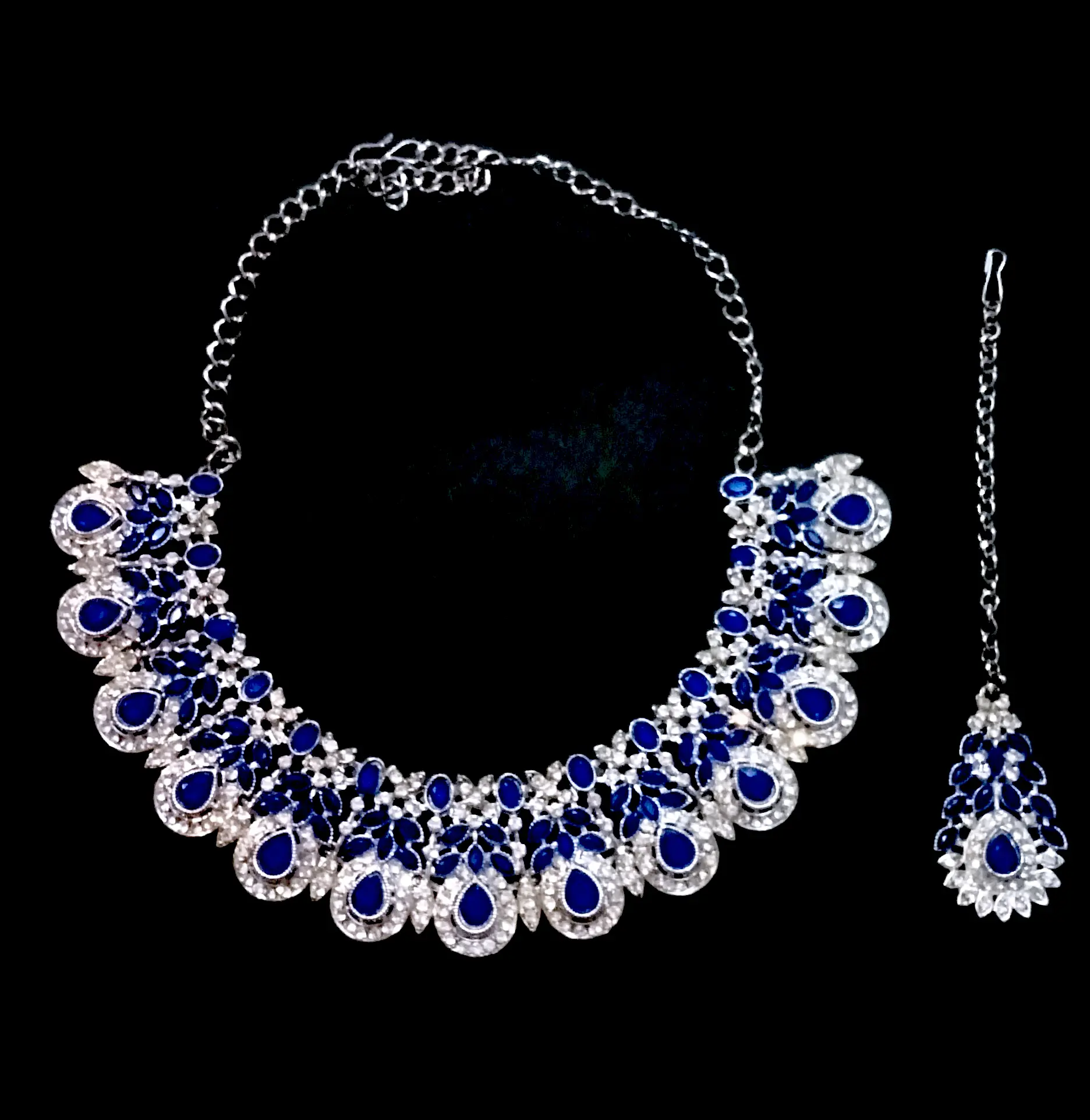 blue & silver tone necklace set with earrings & maang tikka – artificial jewellery blue & silver tone necklace set with earrings & maang tikka – artificial jewellery