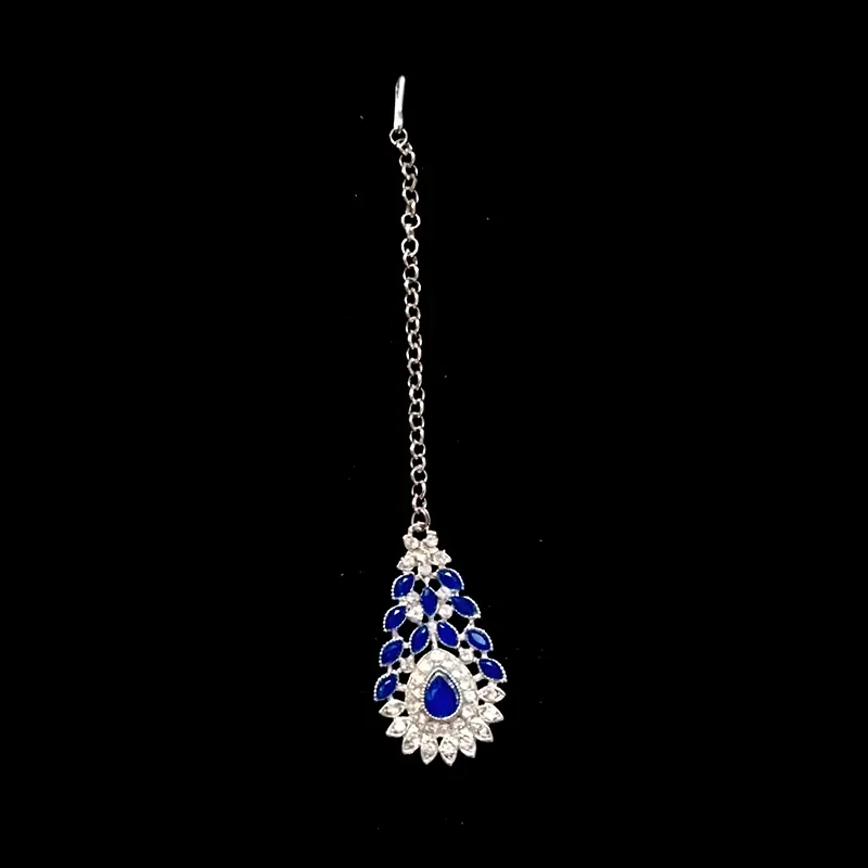 blue & silver tone necklace set with earrings & maang tikka – artificial jewellery blue & silver tone necklace set with earrings & maang tikka – artificial jewellery
