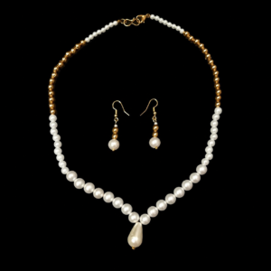 New Arrival pearl beaded necklace & earrings set – gold & white