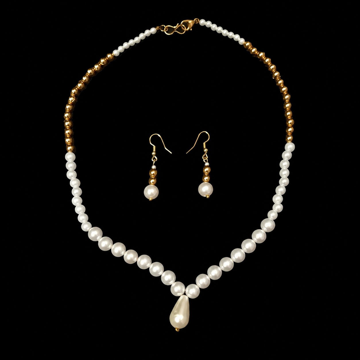 pearl beaded necklace & earrings set – gold & white pearl beaded necklace & earrings set – gold & white