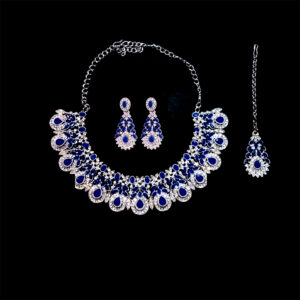 New Arrival blue & silver tone necklace set with earrings & maang tikka – artificial jewellery