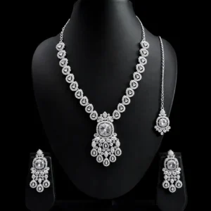 New Arrival traditional silver tone necklace set with earrings & maang tikka – imitation jewellery