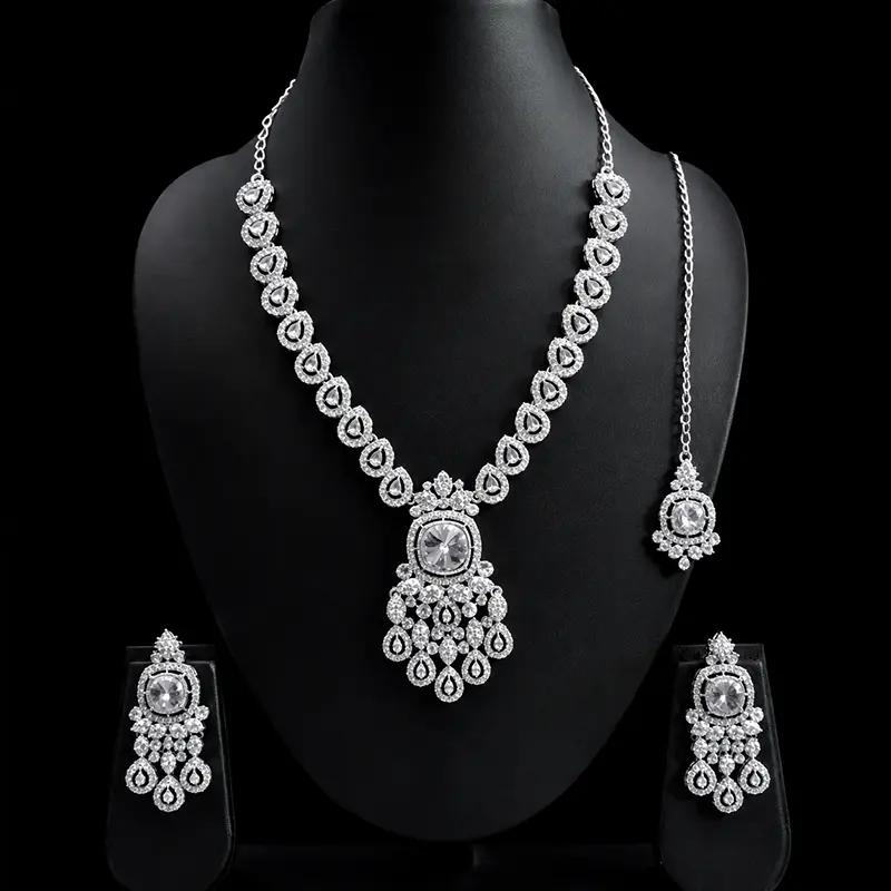 traditional silver tone necklace set with earrings & maang tikka – imitation jewellery traditional silver tone necklace set with earrings & maang tikka – imitation jewellery